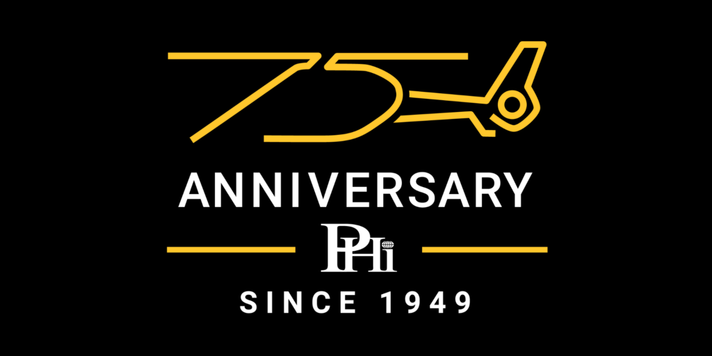 Yellow 75 in the shape of a helicopter for PHI anniversary logo