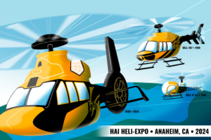 Illustration of helicopter models H160, Bell 407, & Bell 47 D-1 drawn for HeliExpo